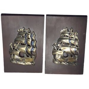 Sailing Ship Bookends Nautical Wood and Gold tone Metal Vintage